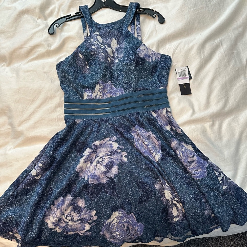 Blue metallic flowered dress